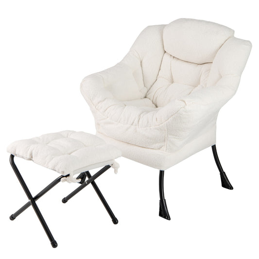 Lazy Chair with Ottoman Modern Accent Chair with Folding Footrest-Beige