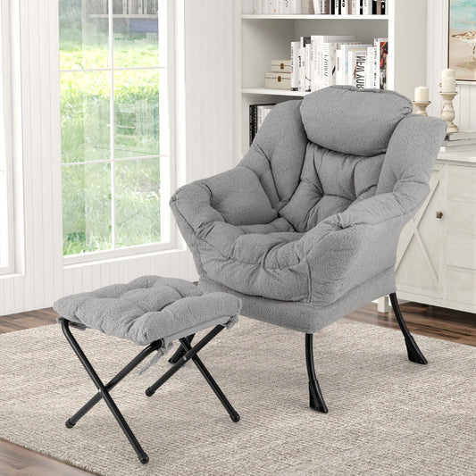 Lazy Chair with Ottoman Modern Accent Chair with Folding Footrest-Grey