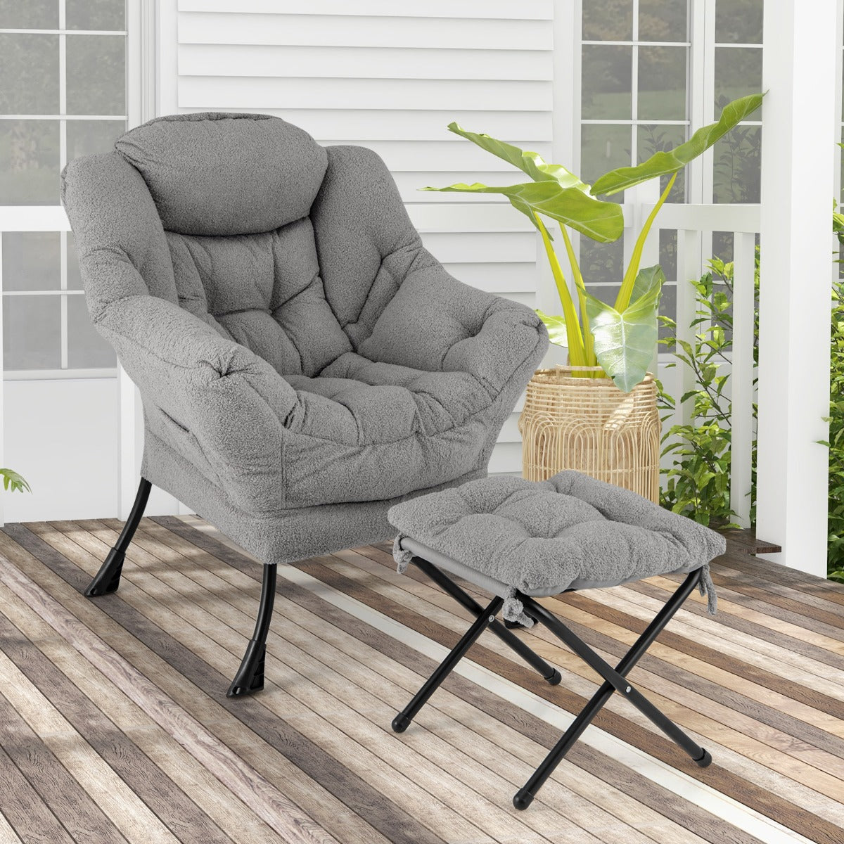 Lazy Chair with Ottoman Modern Accent Chair with Folding Footrest-Grey