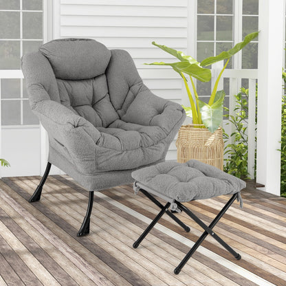 Lazy Chair with Ottoman Modern Accent Chair with Folding Footrest-Grey