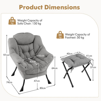 Lazy Chair with Ottoman Modern Accent Chair with Folding Footrest-Grey