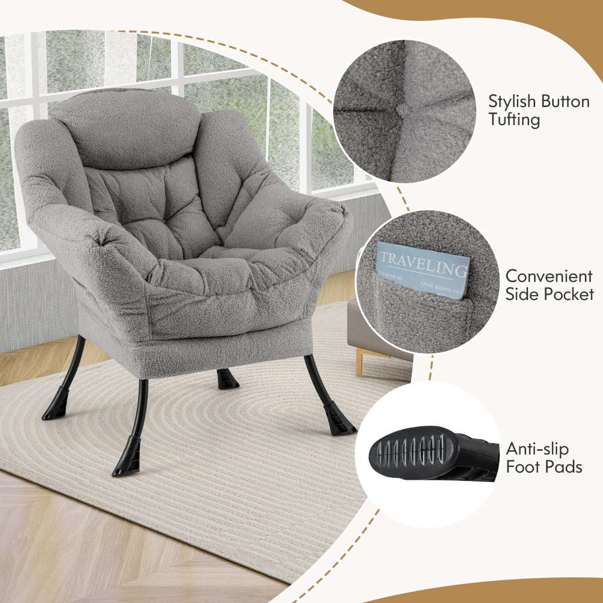 Lazy Chair with Ottoman Modern Accent Chair with Folding Footrest-Grey