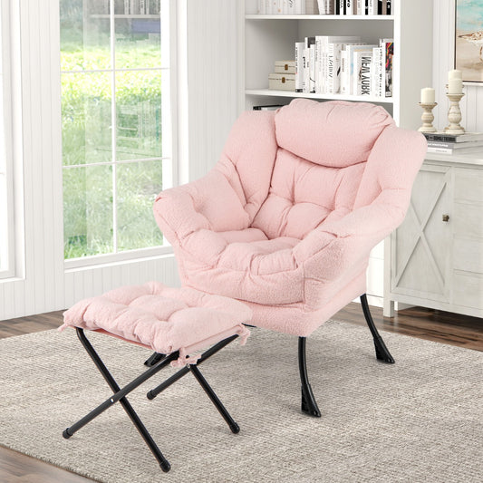 Lazy Chair with Ottoman Modern Accent Chair with Folding Footrest-Pink