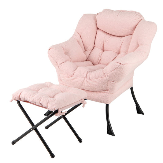 Lazy Chair with Ottoman Modern Accent Chair with Folding Footrest-Pink
