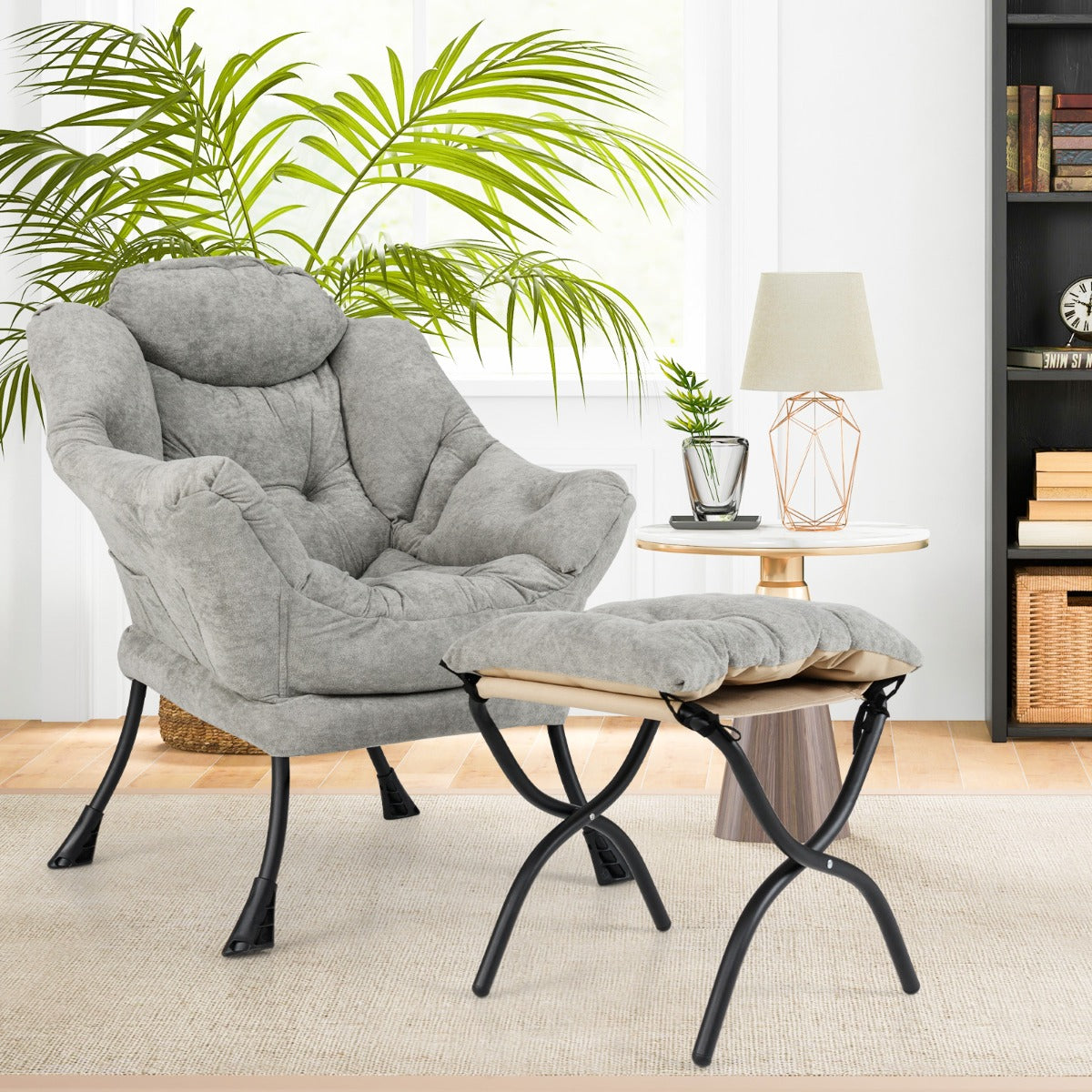 Lazy Chair with Ottoman with Folding Footrest and Side Pocket-Grey