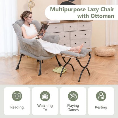 Lazy Chair with Ottoman with Folding Footrest and Side Pocket-Grey