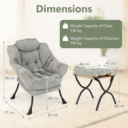 Lazy Chair with Ottoman with Folding Footrest and Side Pocket-Grey