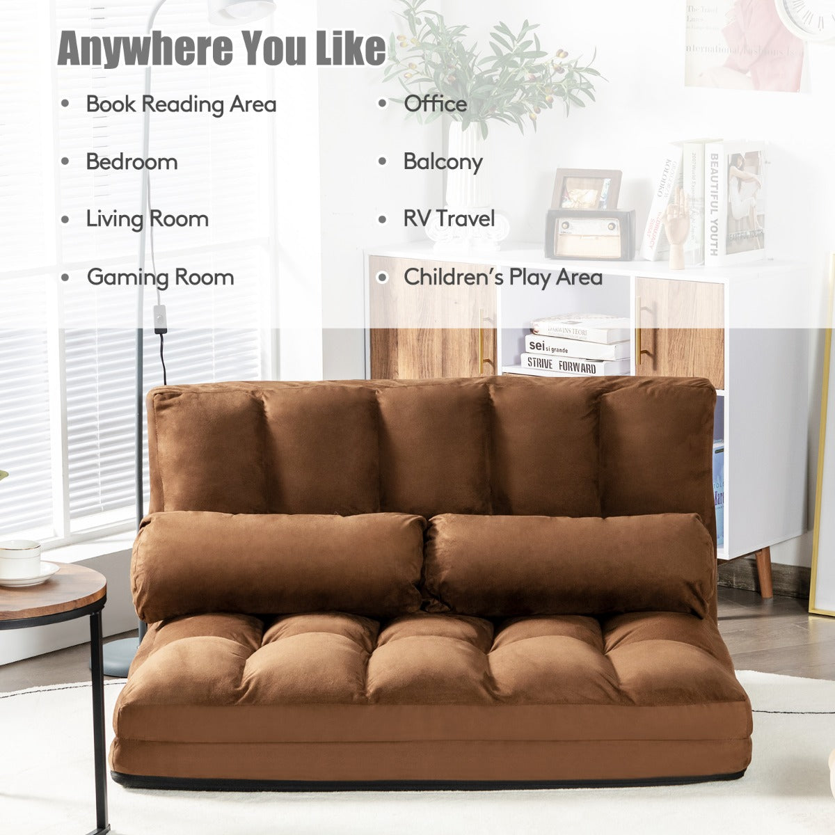 Costway 6-Position Foldable Lazy Sofa Bed with Detachable Cloth Cover for Bedroom/Living Room/Balcony-Coffee