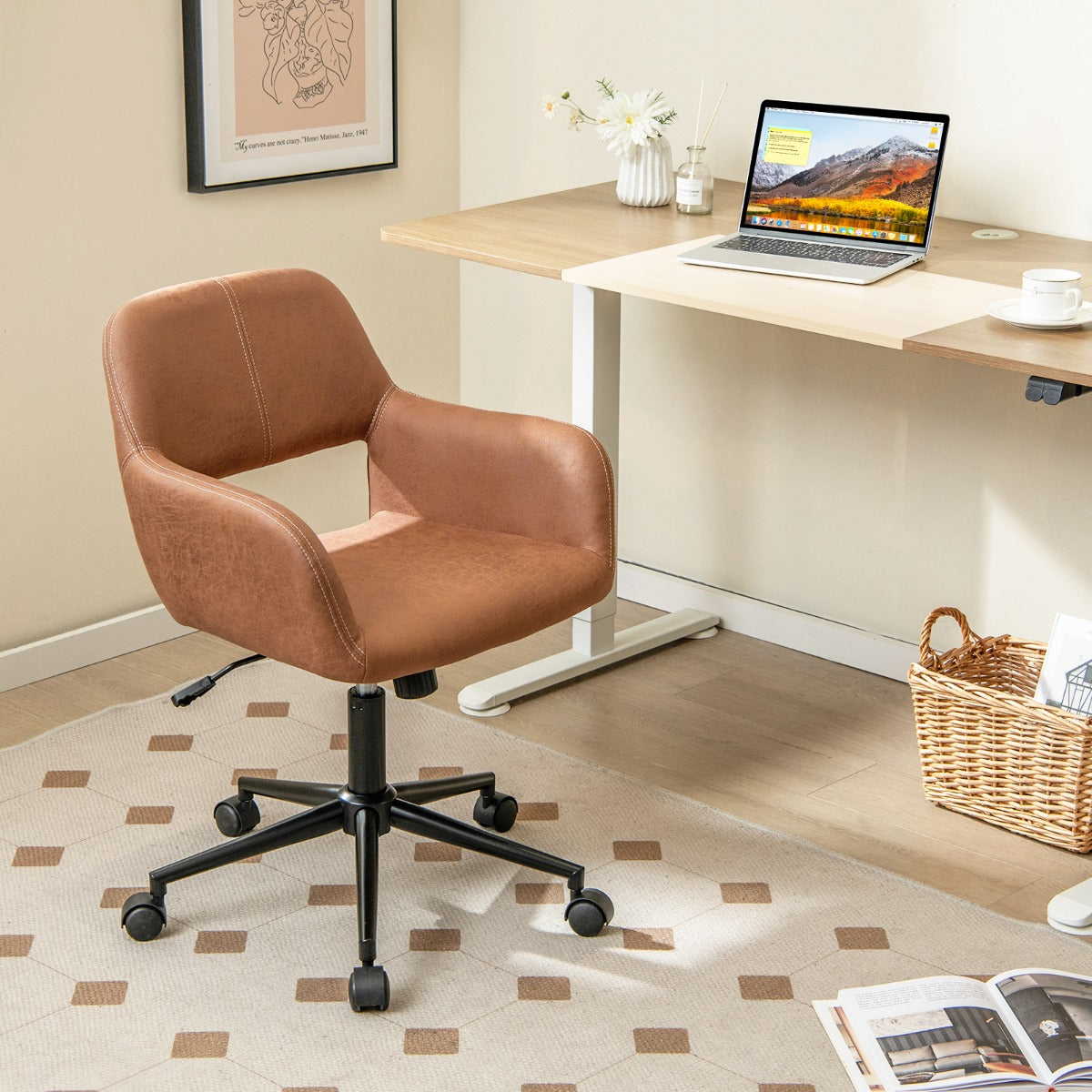 Leathaire Home Office Chair with Ergonomic Backrest and Padded Armrests-Brown