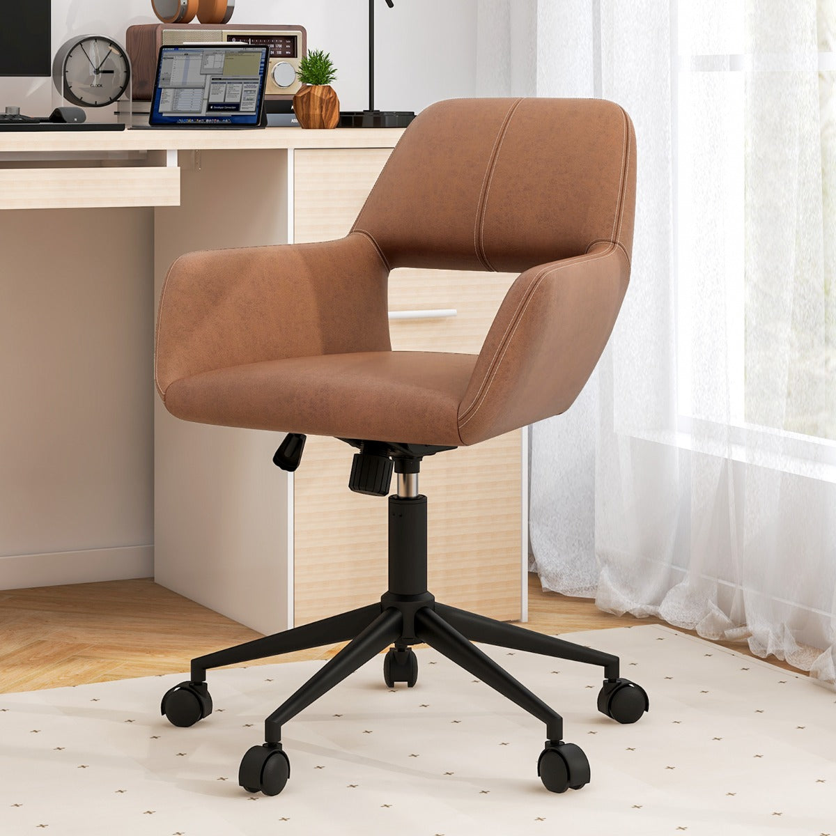 Leathaire Home Office Chair with Ergonomic Backrest and Padded Armrests-Brown