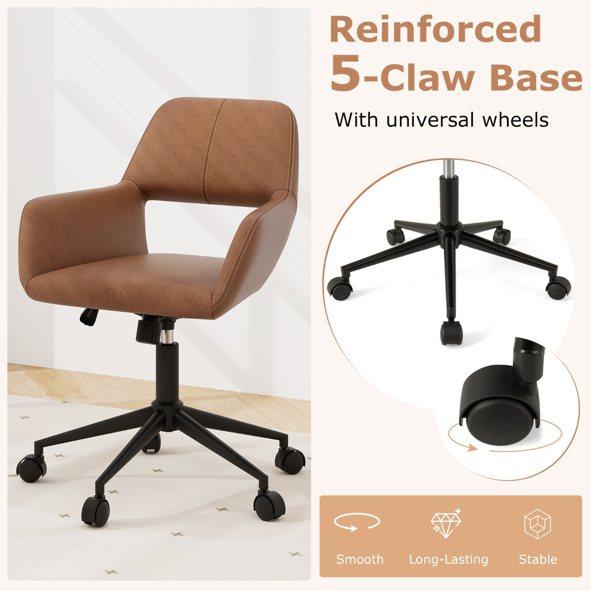 Leathaire Home Office Chair with Ergonomic Backrest and Padded Armrests-Brown