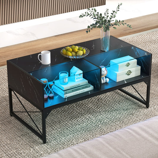 Costway LED Coffee Table Center Table with Faux Marble and 4 Storage Cubes-Black