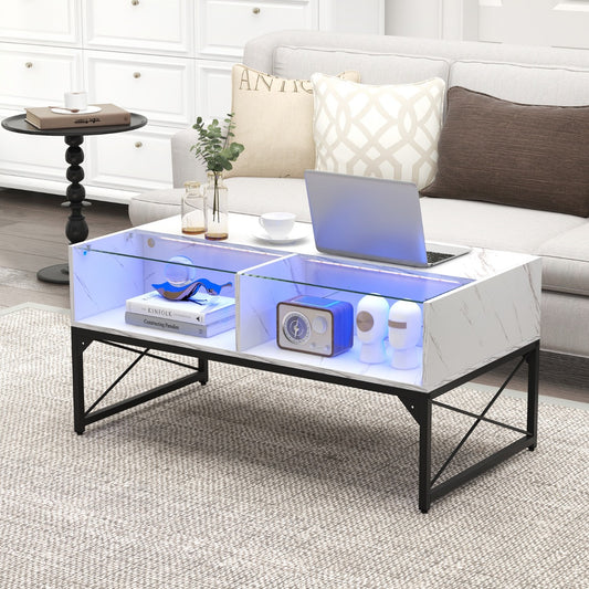 Costway LED Coffee Table Center Table with Faux Marble and 4 Storage Cubes-White