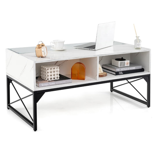 Costway LED Coffee Table Center Table with Faux Marble and 4 Storage Cubes-White
