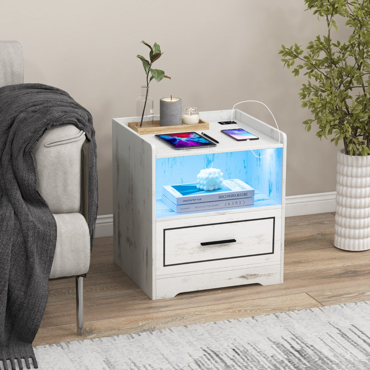 LED Smart Bedside Table with USB Port Adjustable Light Colors and Brightness