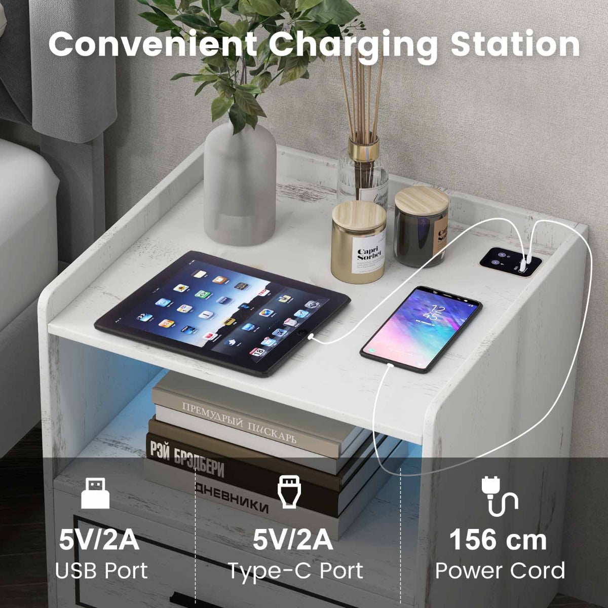 LED Smart Bedside Table with USB Port Adjustable Light Colors and Brightness