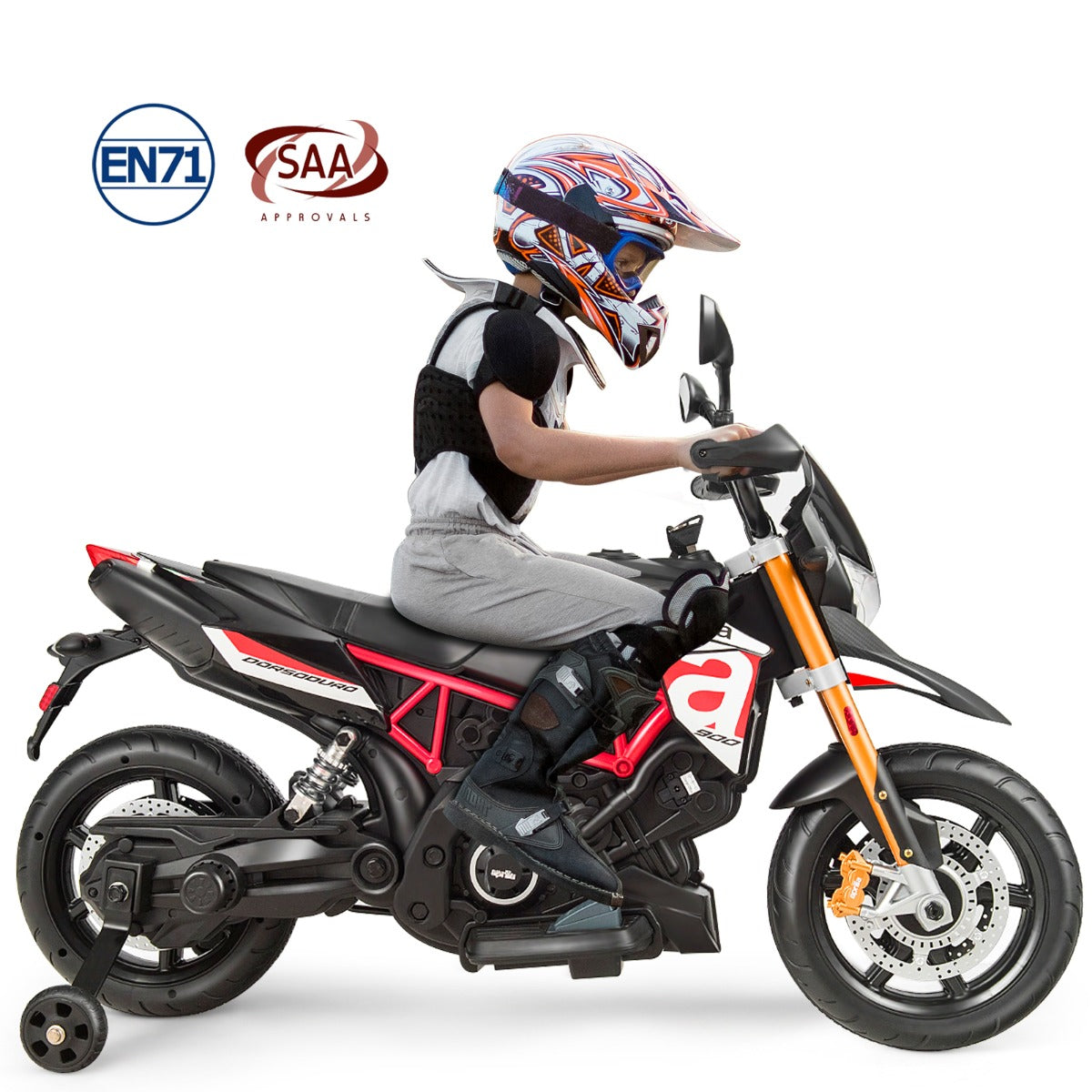 Rechargeable 12V ride-on motorcycle with charger, training wheels and entertaining music features