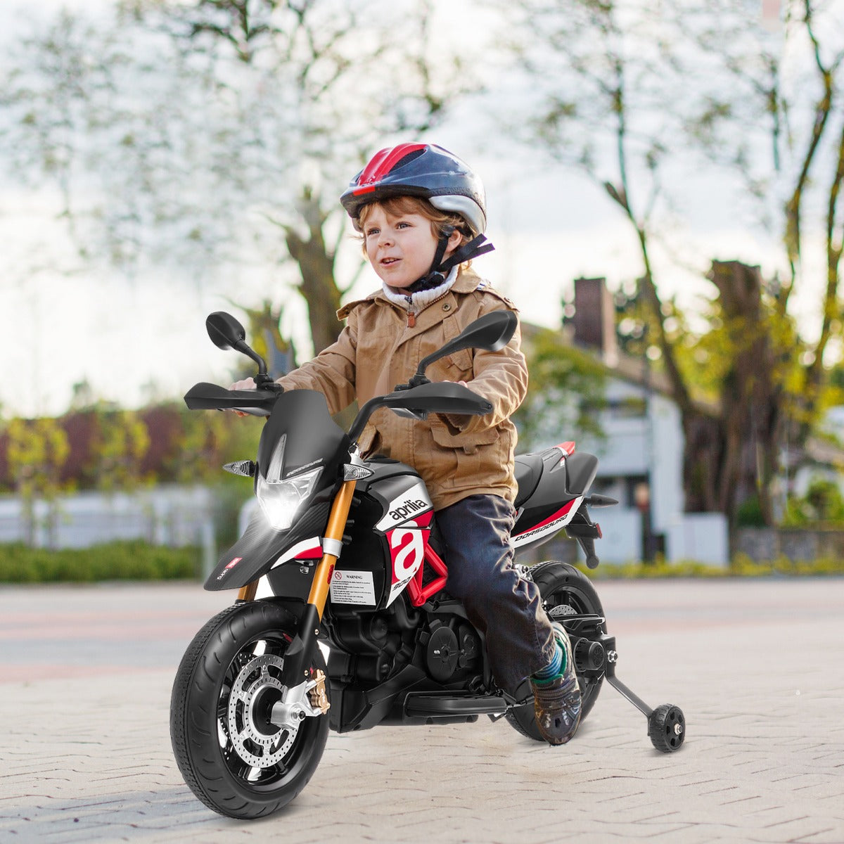 Black and red licensed Aprilia motorcycle with key switch and realistic racing-inspired appearance