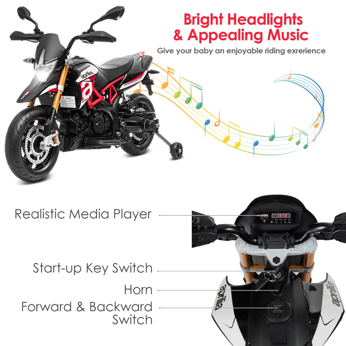 Wear-resistant wheels help this children's electric motorcycle travel across paths, grass and sidewalks