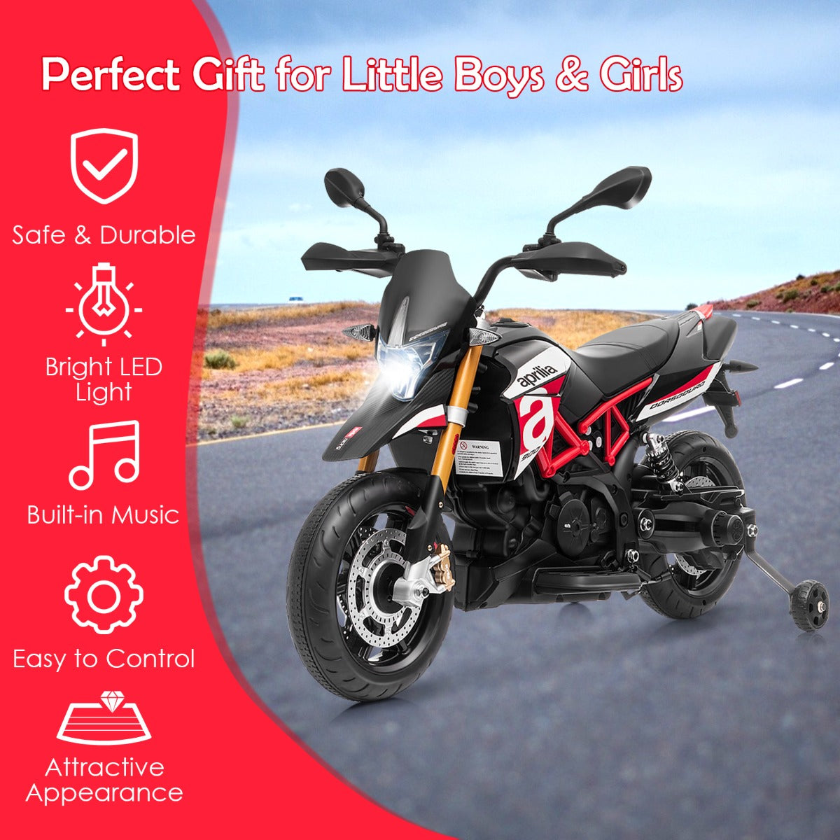 Stable ride-on motorcycle designed for children aged 37 to 95 months with a 25 kg weight capacity
