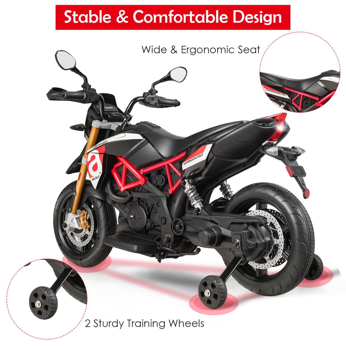 Comfortable children's electric motorcycle made from odorless PP with a supportive curved seat