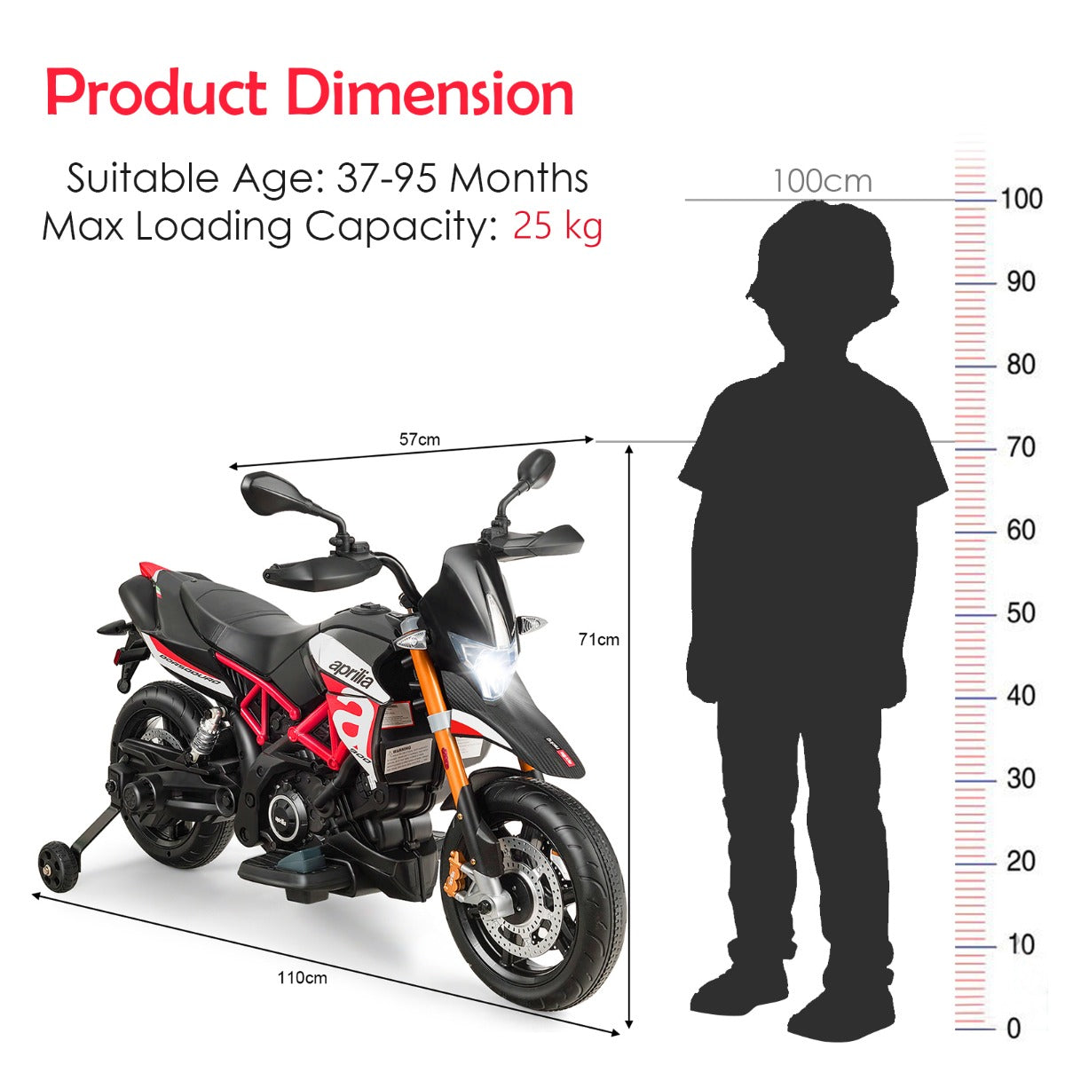 12V Aprilia kids electric motorcycle with realistic styling, music function and charger for joyful rides