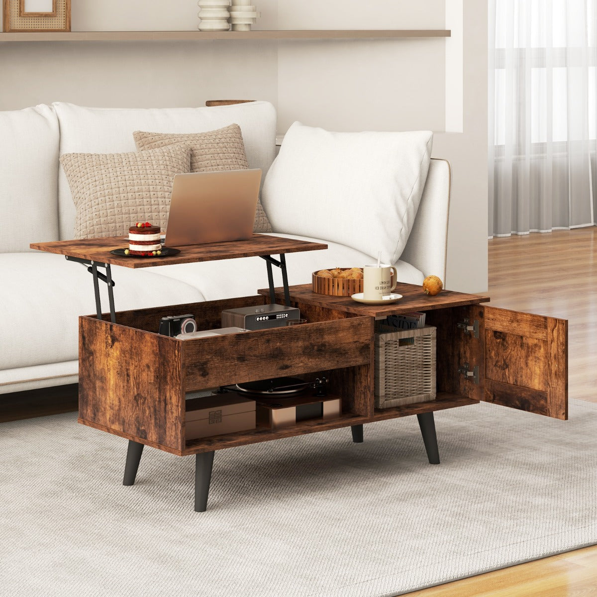 Wide lift-top coffee table keeps cups, snacks and computers within comfortable reach