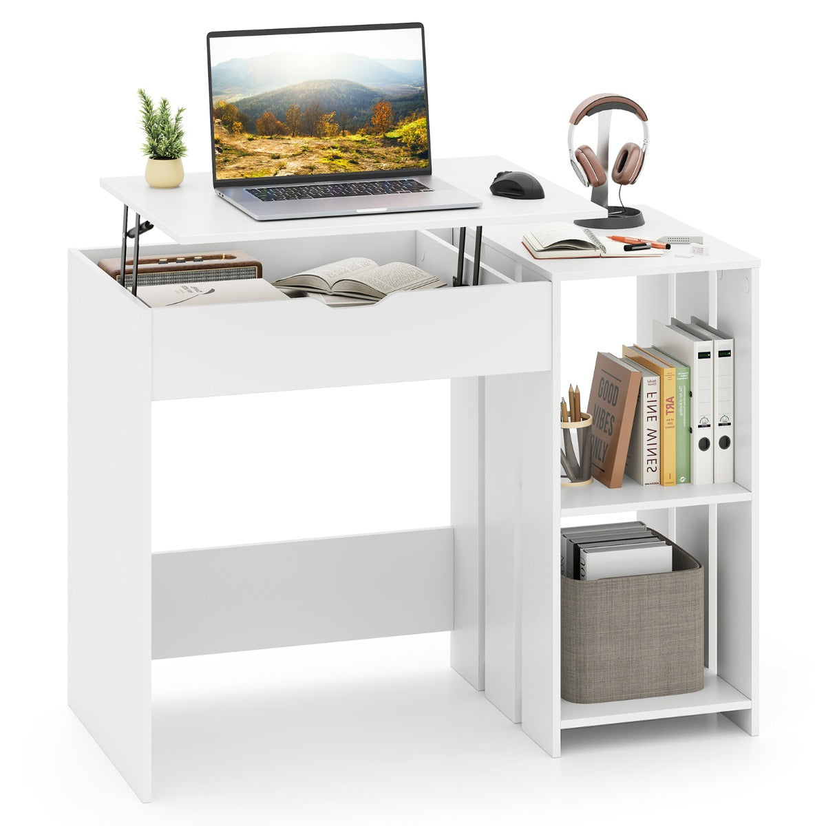 Lift Top Computer Desk with Open Shelves and Hidden Compartment-White