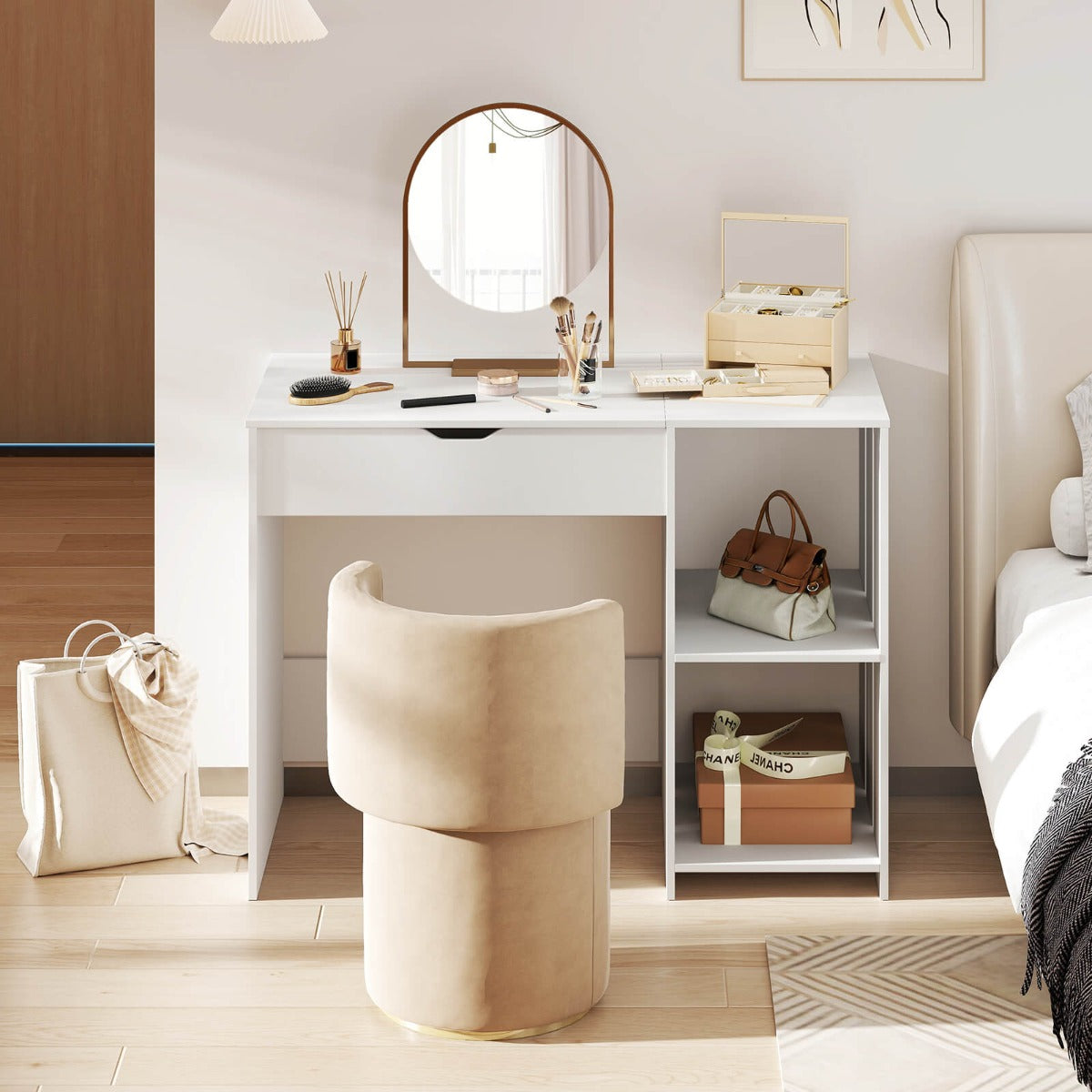 Lift Top Computer Desk with Open Shelves and Hidden Compartment-White