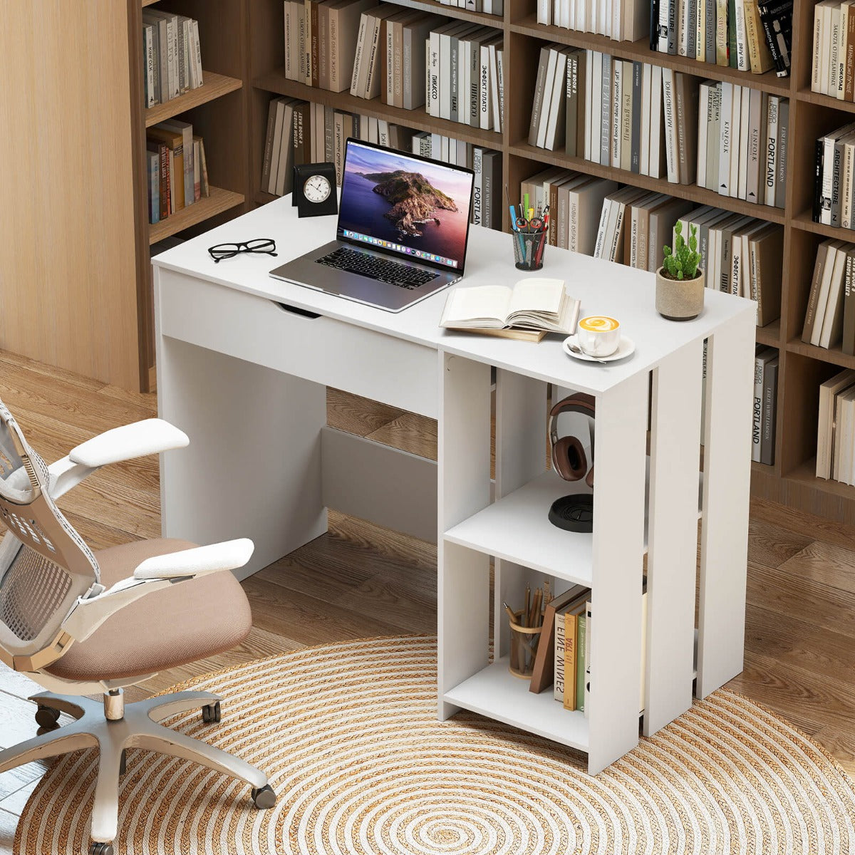 Lift Top Computer Desk with Open Shelves and Hidden Compartment-White
