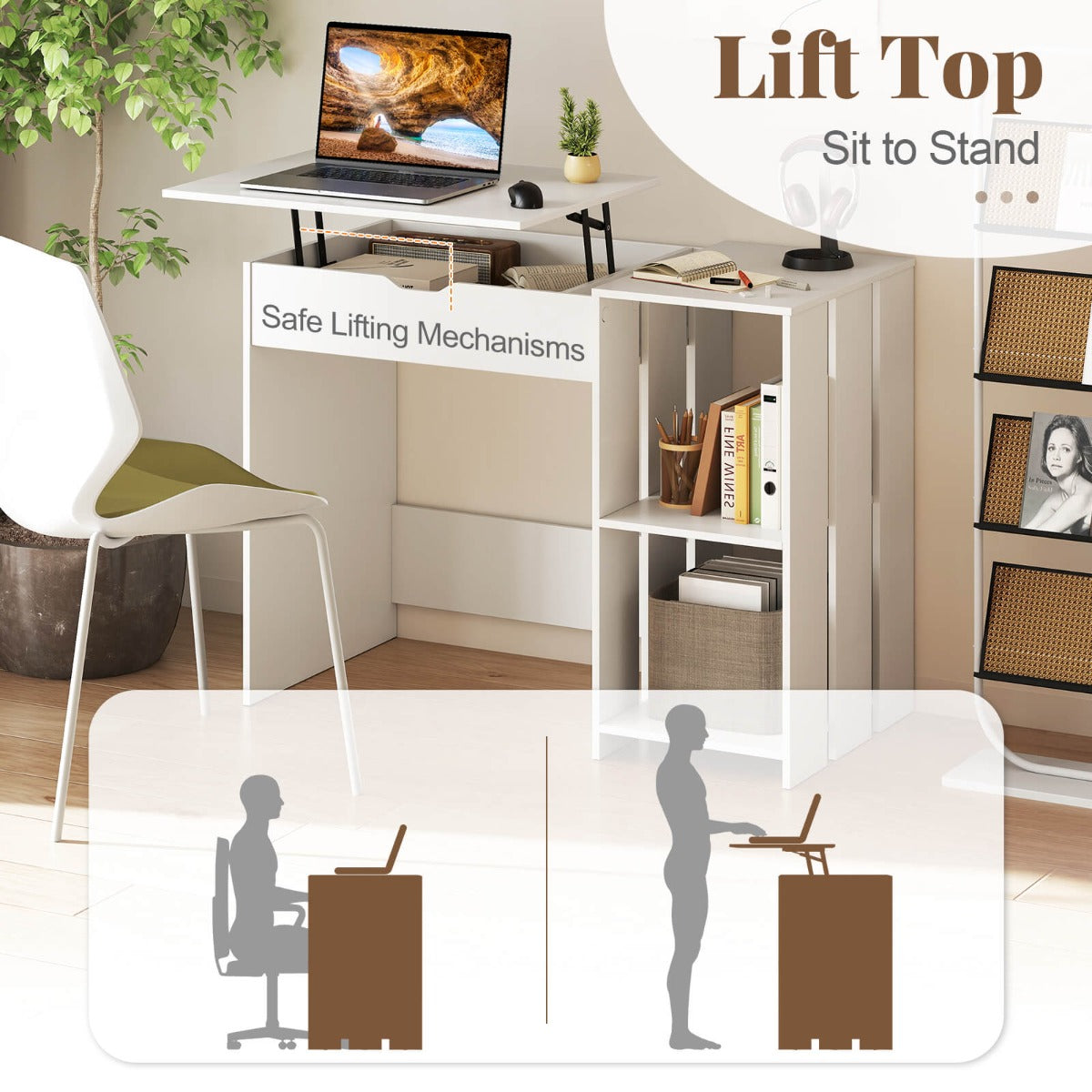 Lift Top Computer Desk with Open Shelves and Hidden Compartment-White