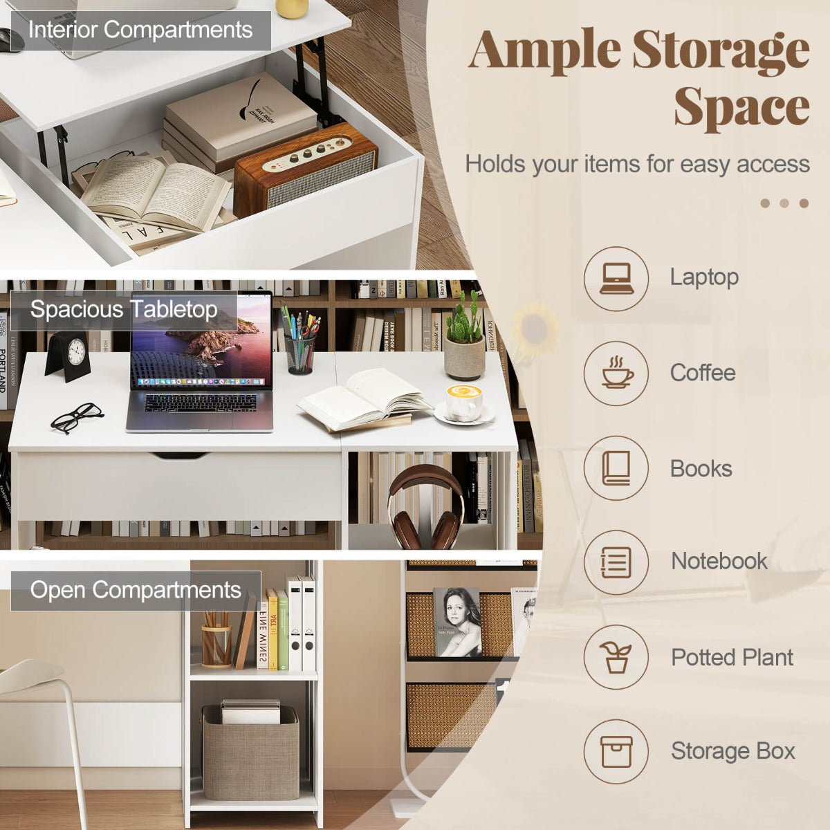 Lift Top Computer Desk with Open Shelves and Hidden Compartment-White