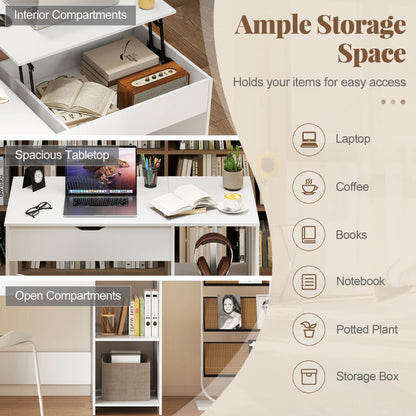 Lift Top Computer Desk with Open Shelves and Hidden Compartment-White