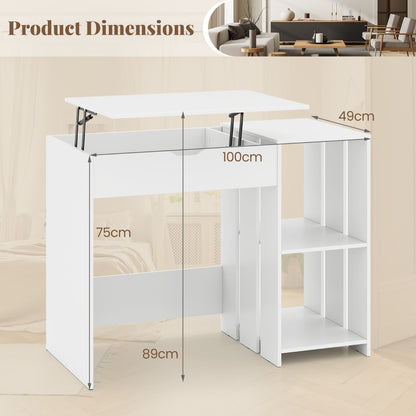 Lift Top Computer Desk with Open Shelves and Hidden Compartment-White