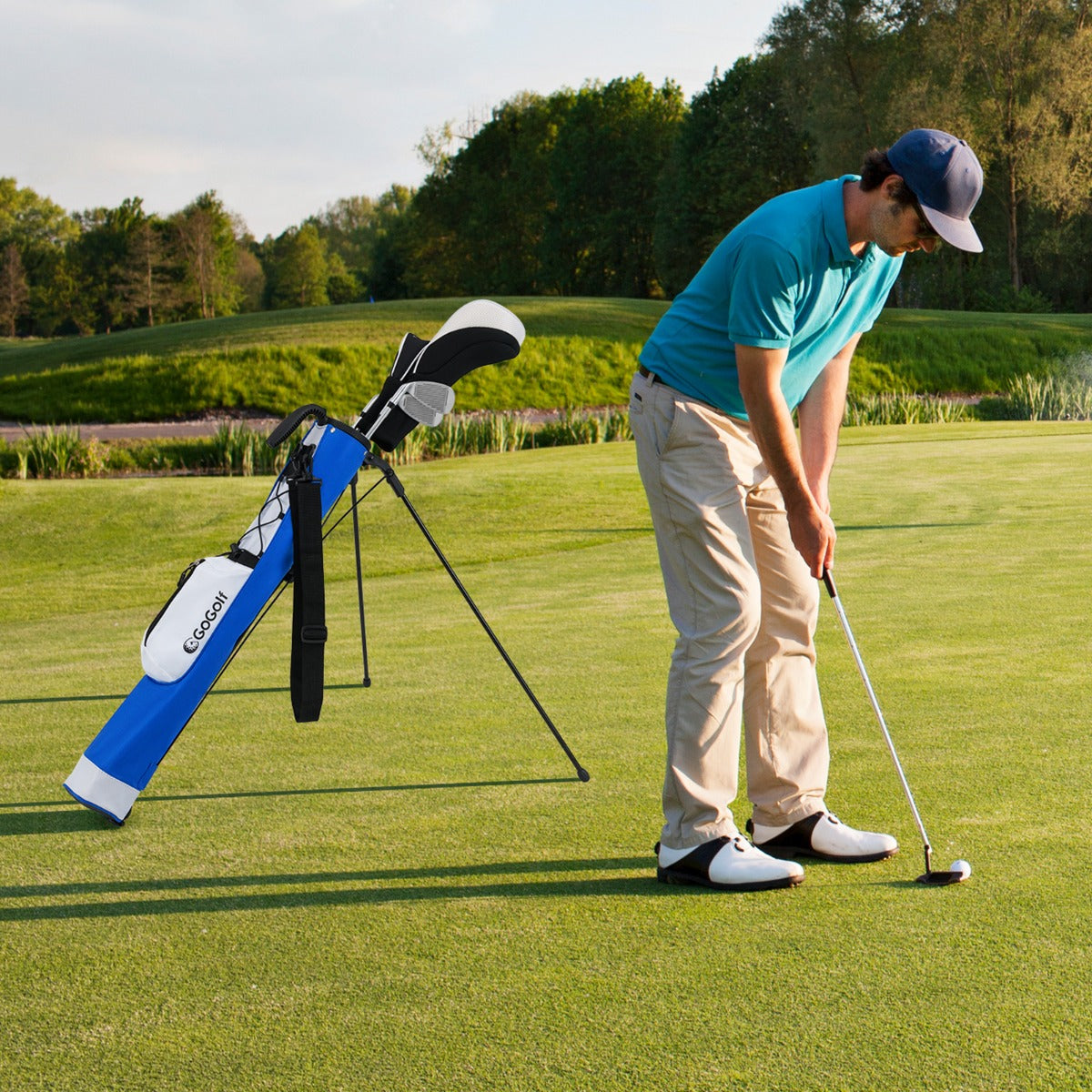 Lightweight Golf Stand Bag with Shoulder Strap and Bottle Holder-Blue