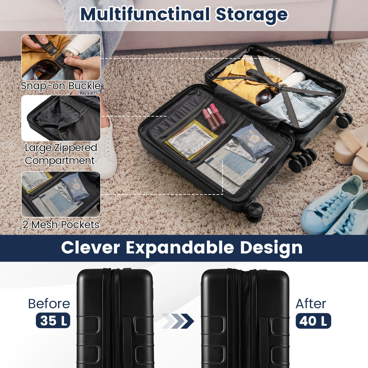 Lightweight PC Hardside Suitcase with Double TSA Lock for Travel/Camping-Black