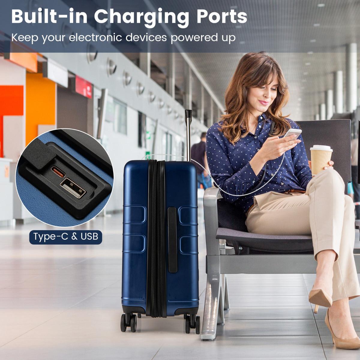 Lightweight PC Hardside Suitcase with Double TSA Lock for Travel/Camping-Navy