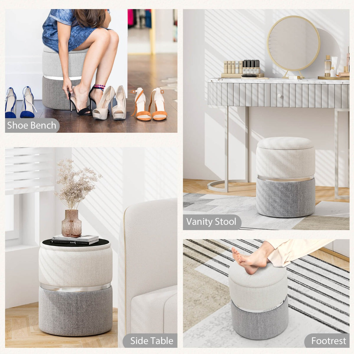 Linen Fabric Storage Ottoman Set of 2 Round Ottoman with Storage-Grey