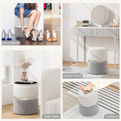 Linen Fabric Storage Ottoman Set of 2 Round Ottoman with Storage-Grey