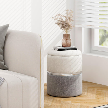 Linen Fabric Storage Ottoman Set of 2 Round Ottoman with Storage-Grey
