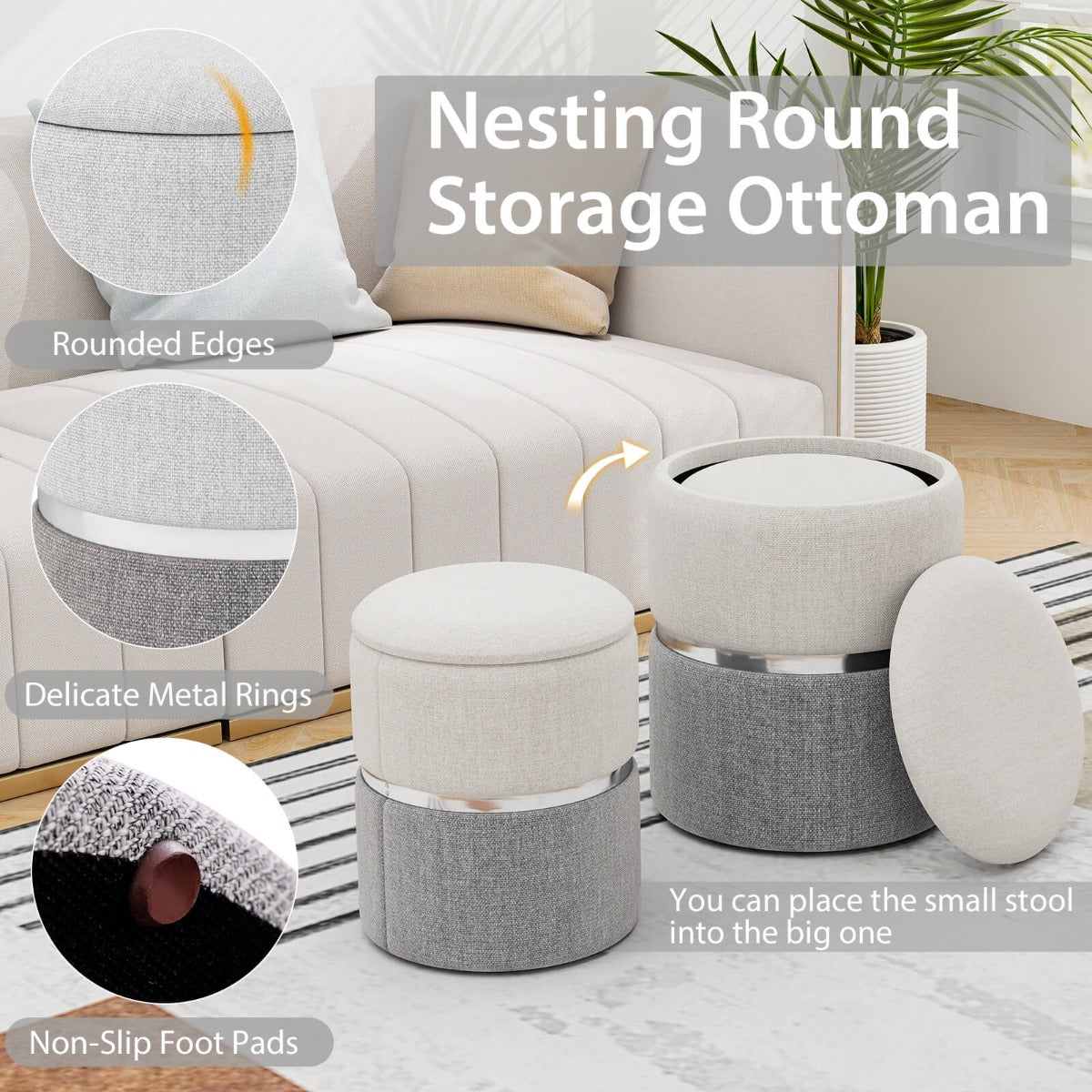 Linen Fabric Storage Ottoman Set of 2 Round Ottoman with Storage-Grey