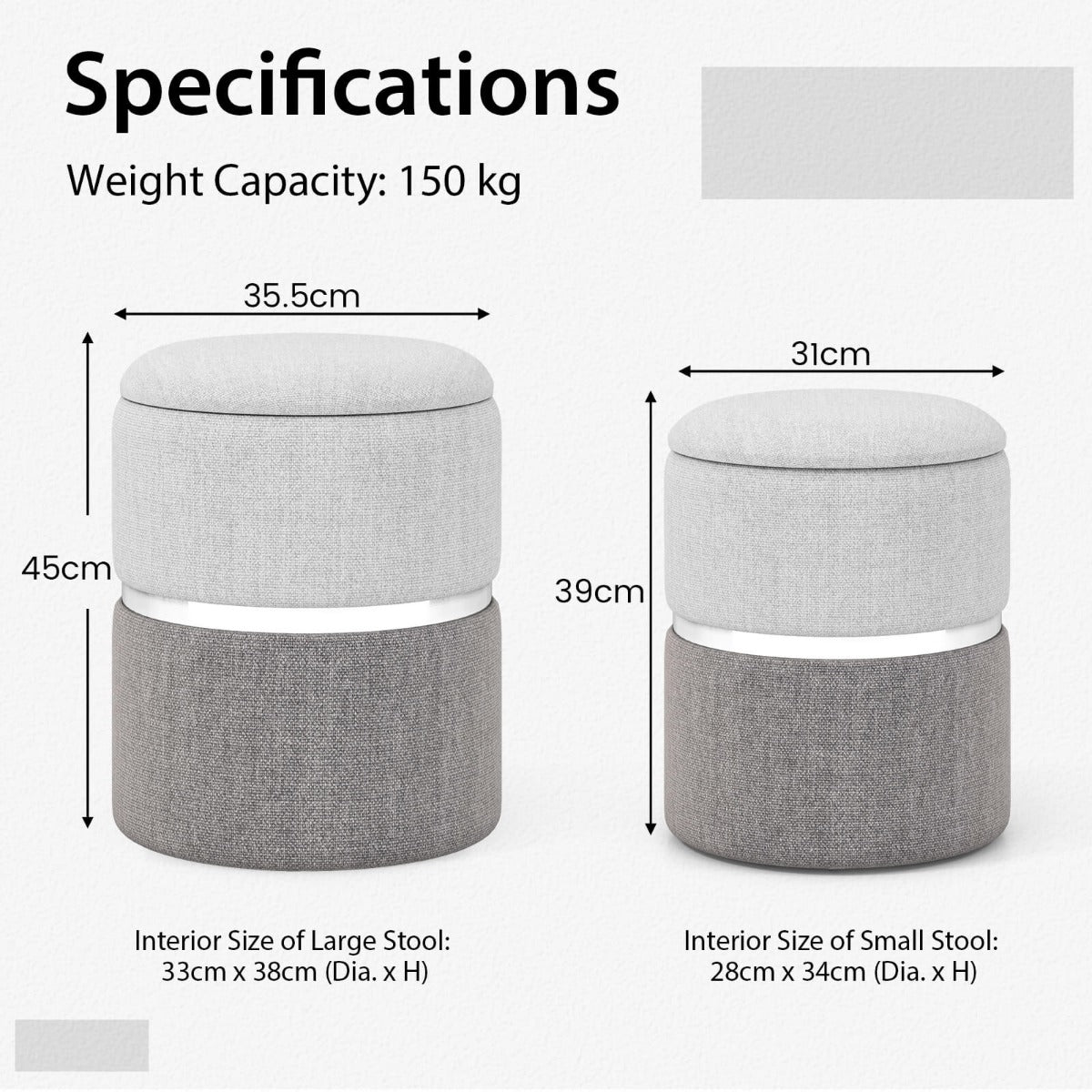 Linen Fabric Storage Ottoman Set of 2 Round Ottoman with Storage-Grey