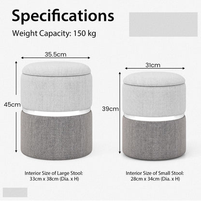 Linen Fabric Storage Ottoman Set of 2 Round Ottoman with Storage-Grey