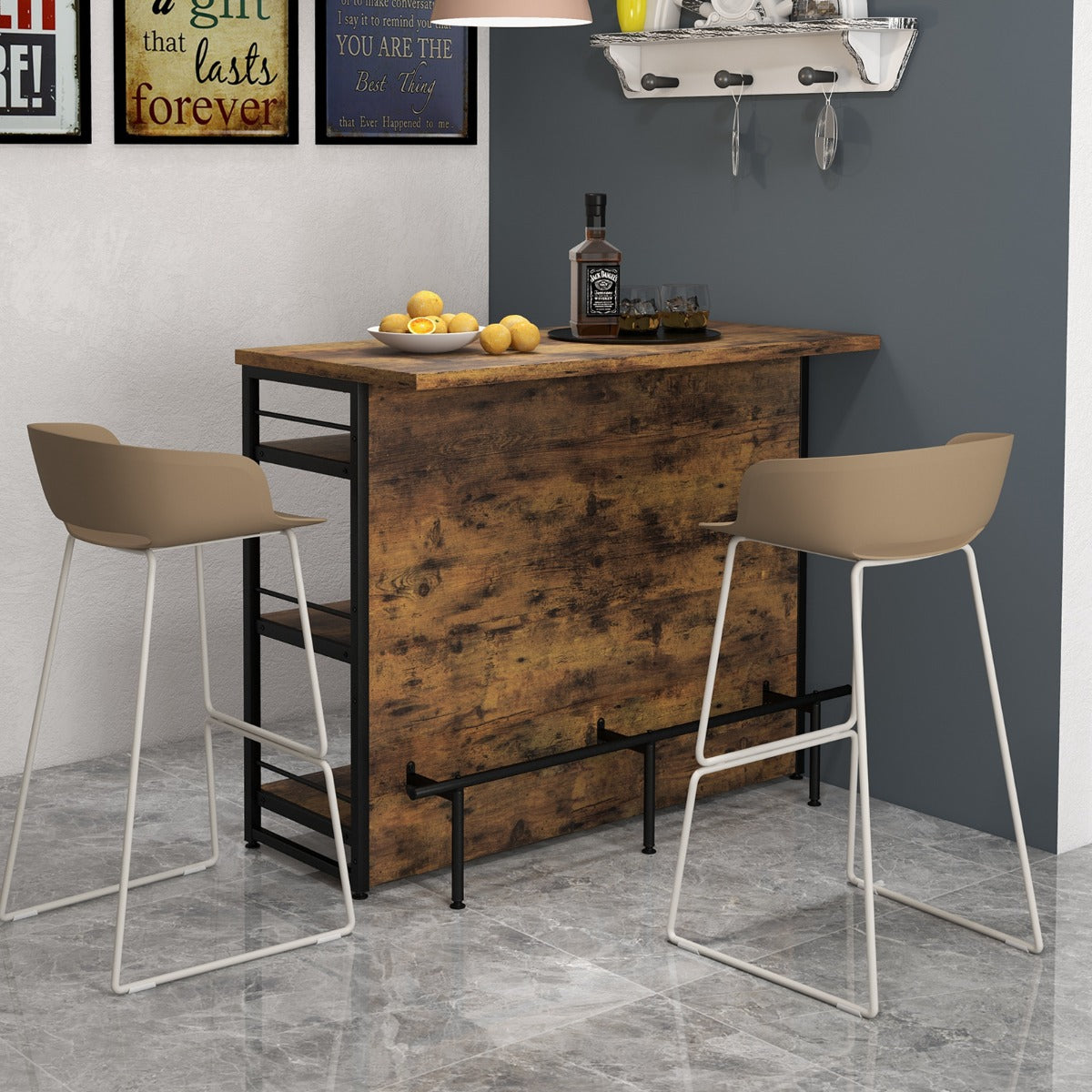 4-Tier Liquor Bar Cabinet with 3 Open Shelves and Wine Rack-Rustic Brown