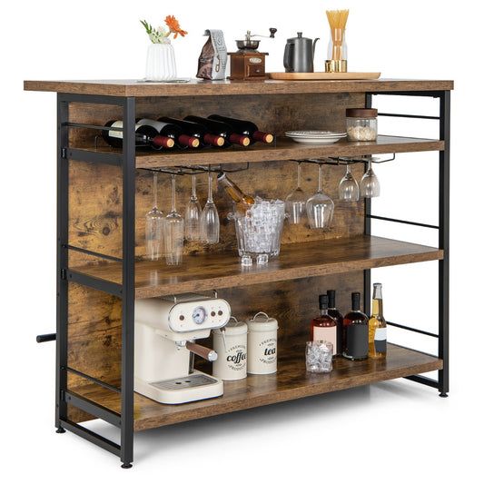 4-Tier Liquor Bar Cabinet with 3 Open Shelves and Wine Rack-Rustic Brown