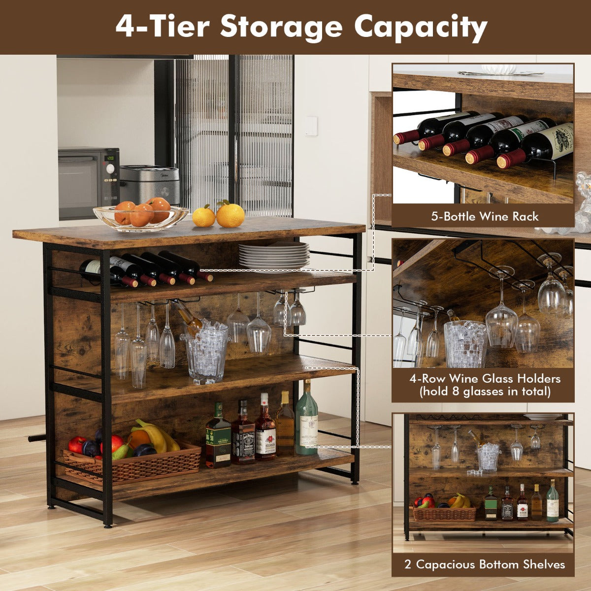4-Tier Liquor Bar Cabinet with 3 Open Shelves and Wine Rack-Rustic Brown