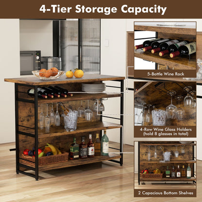 4-Tier Liquor Bar Cabinet with 3 Open Shelves and Wine Rack-Rustic Brown