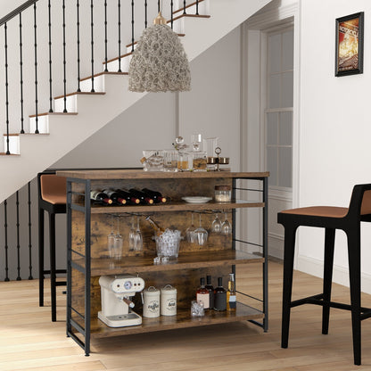 4-Tier Liquor Bar Cabinet with 3 Open Shelves and Wine Rack-Rustic Brown