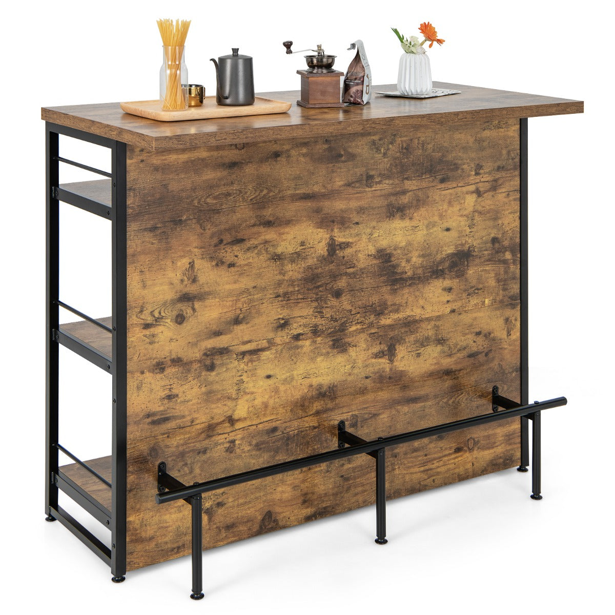 4-Tier Liquor Bar Cabinet with 3 Open Shelves and Wine Rack-Rustic Brown