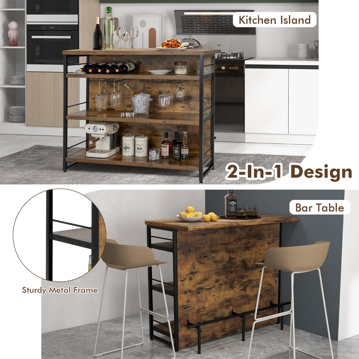 4-Tier Liquor Bar Cabinet with 3 Open Shelves and Wine Rack-Rustic Brown